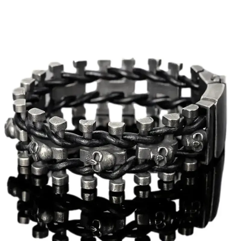 Bracelet Biker cuir et acier