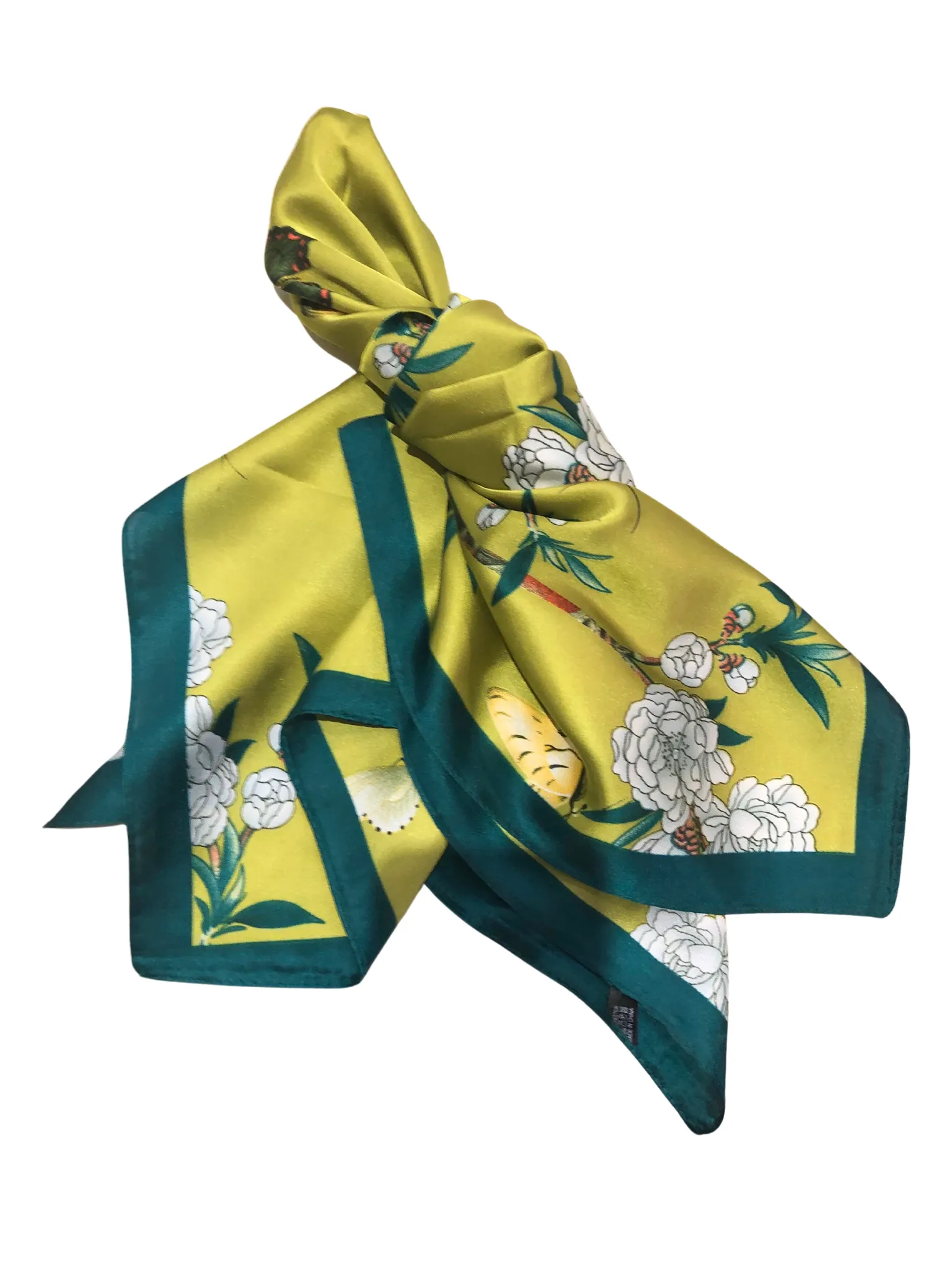 Bright Golden Green Floral design Satin Scarf