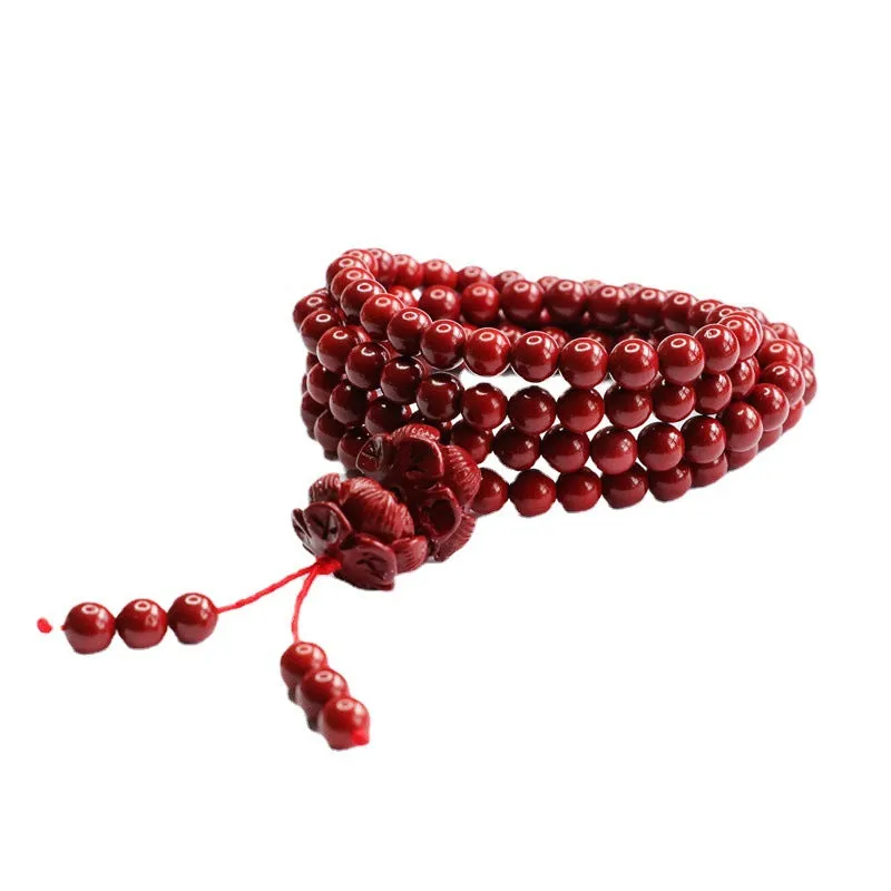 Buddha Beads Bracelet with Cinnabar Stone and Sterling Silver