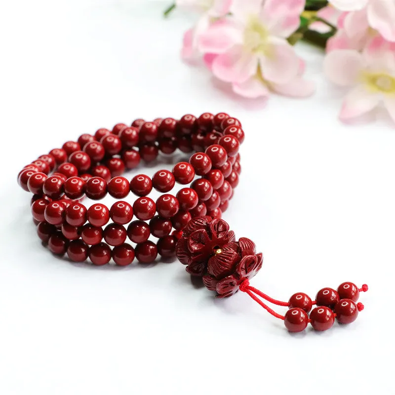 Buddha Beads Bracelet with Cinnabar Stone and Sterling Silver