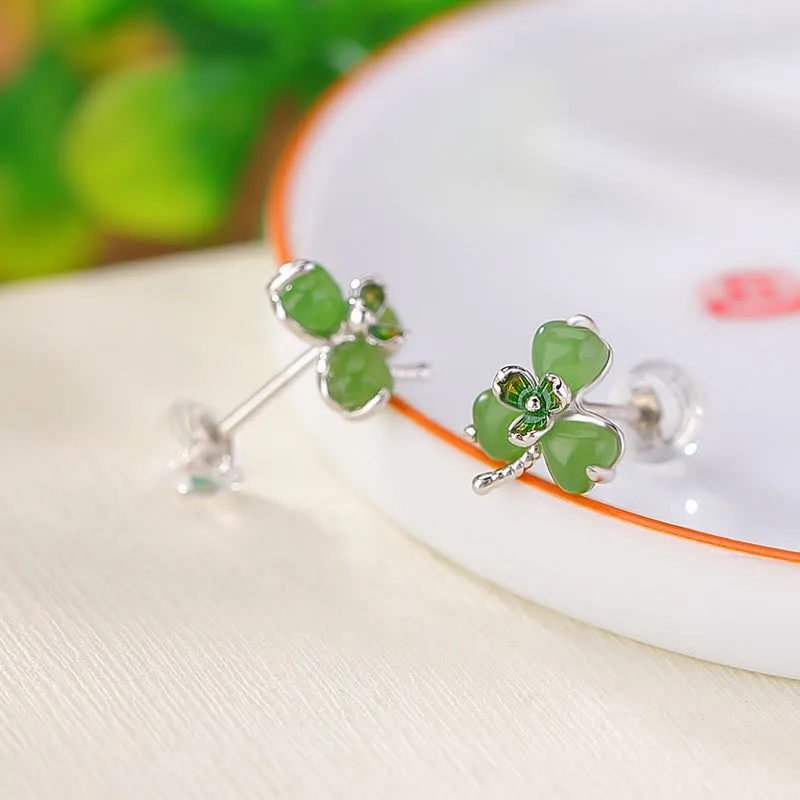 Buddha Stones 925 Sterling Silver Enamel Hetian Jade Shamrock Luck Earrings