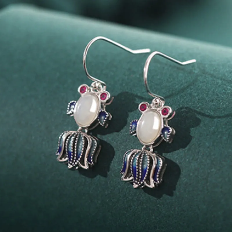 Buddha Stones 925 Sterling Silver Hetian White Jade Red Agate Cute Fish Happiness Drop Earrings