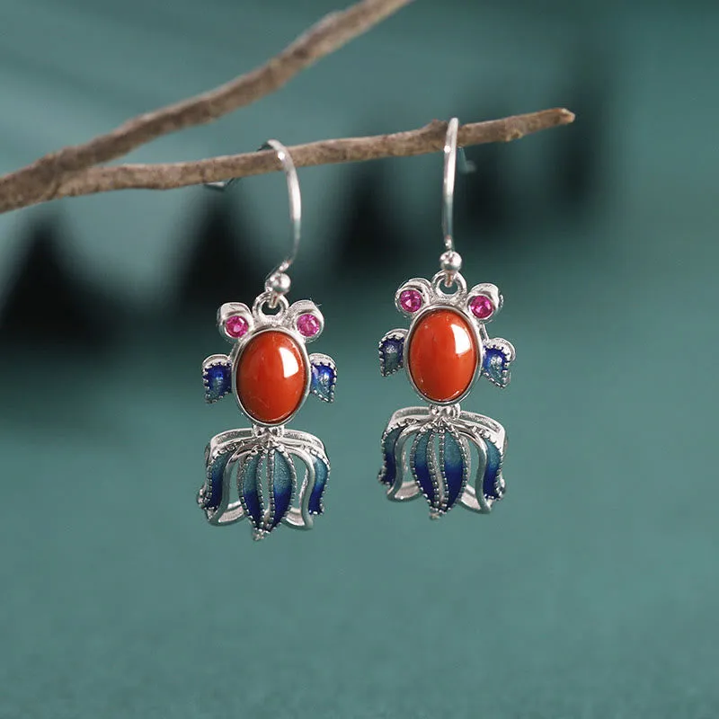 Buddha Stones 925 Sterling Silver Hetian White Jade Red Agate Cute Fish Happiness Drop Earrings