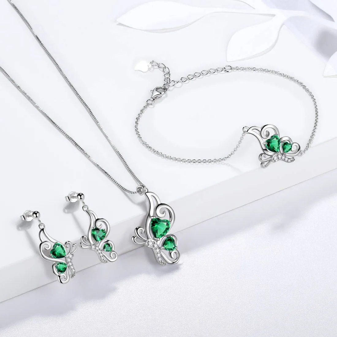 Butterfly Birthstone May Emerald Jewelry Set 4PCS Women Girls Birthday Gift