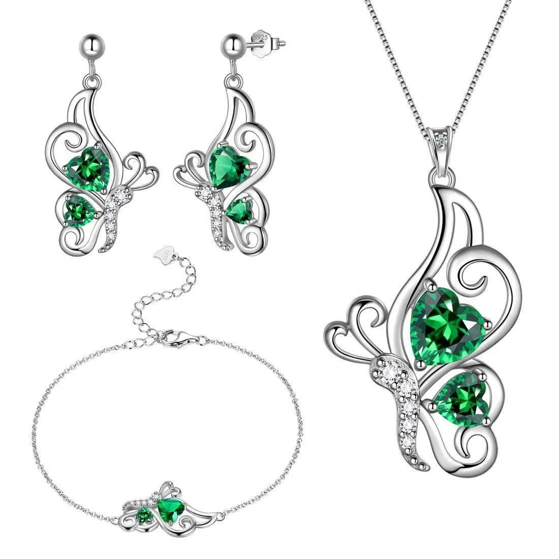 Butterfly Birthstone May Emerald Jewelry Set 4PCS Women Girls Birthday Gift