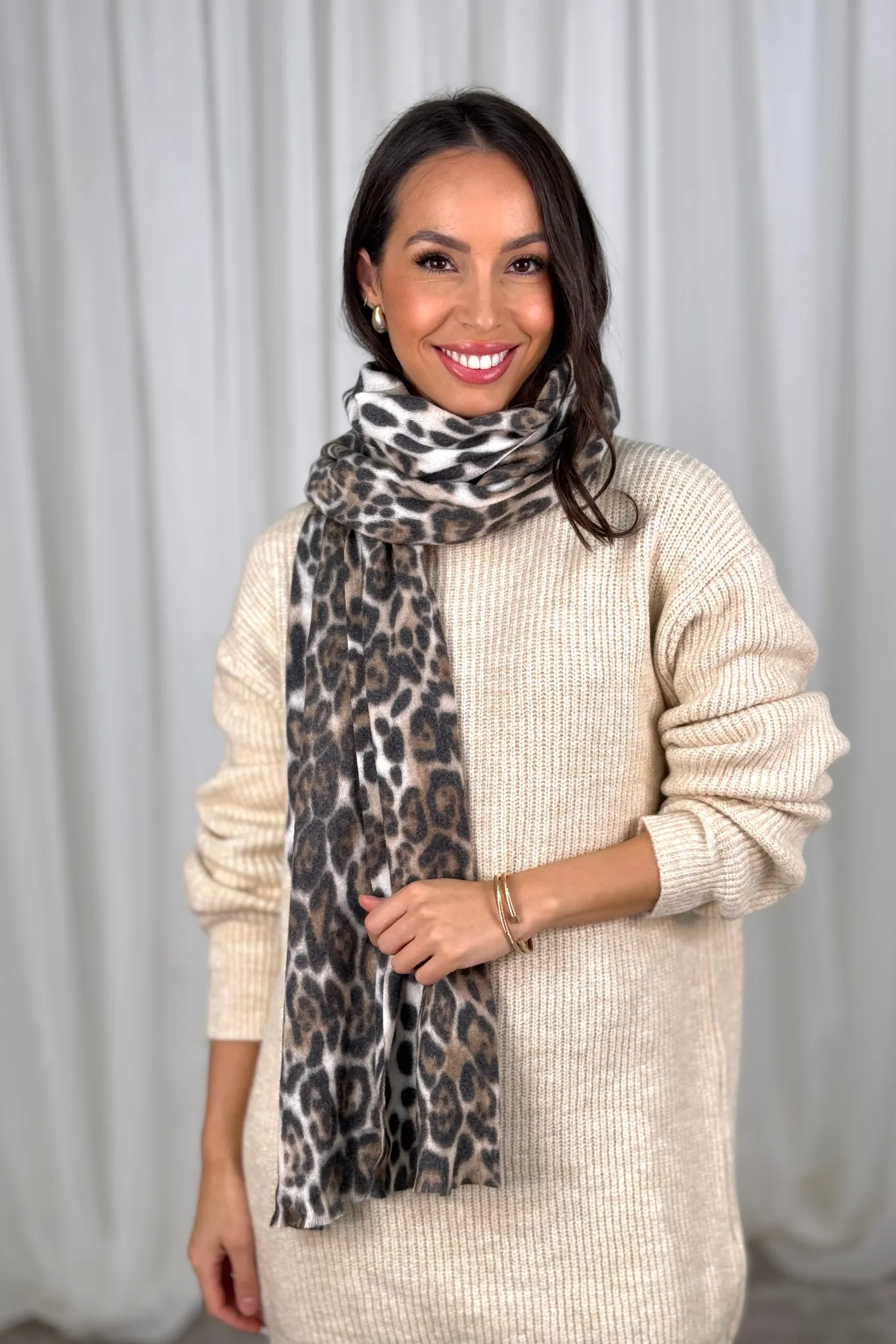 Carly Leopard Print Scarf In White Mix