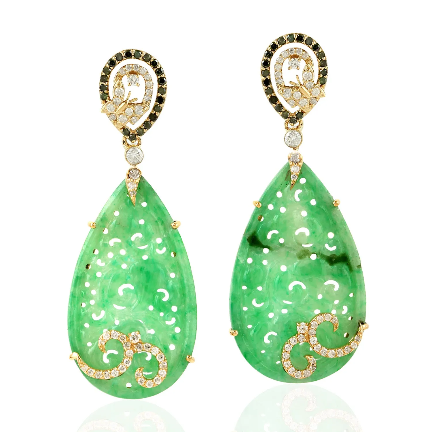 Carved Green Jade Pave Diamond Dangle Earrings 18K Yellow Gold Jewelry