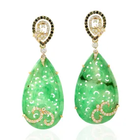 Carved Green Jade Pave Diamond Dangle Earrings 18K Yellow Gold Jewelry