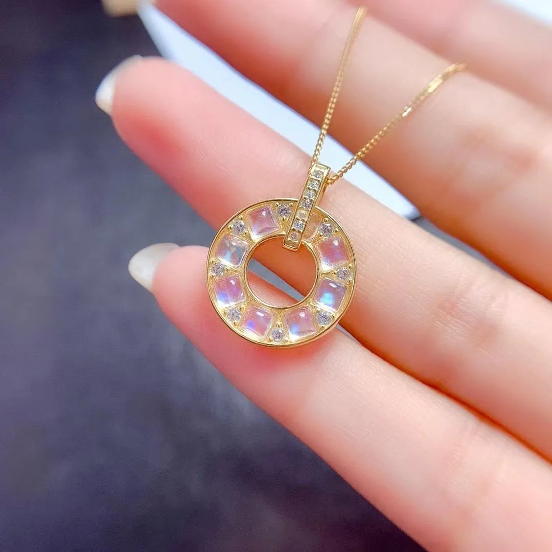 Circle Slide Genuine Moonstone 18k Plated Necklace & Pendant