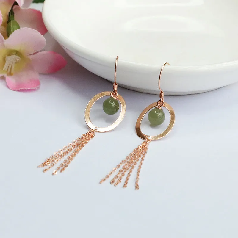 Circular Hollow Tassel Earrings with Sterling Silver and Jade Accents