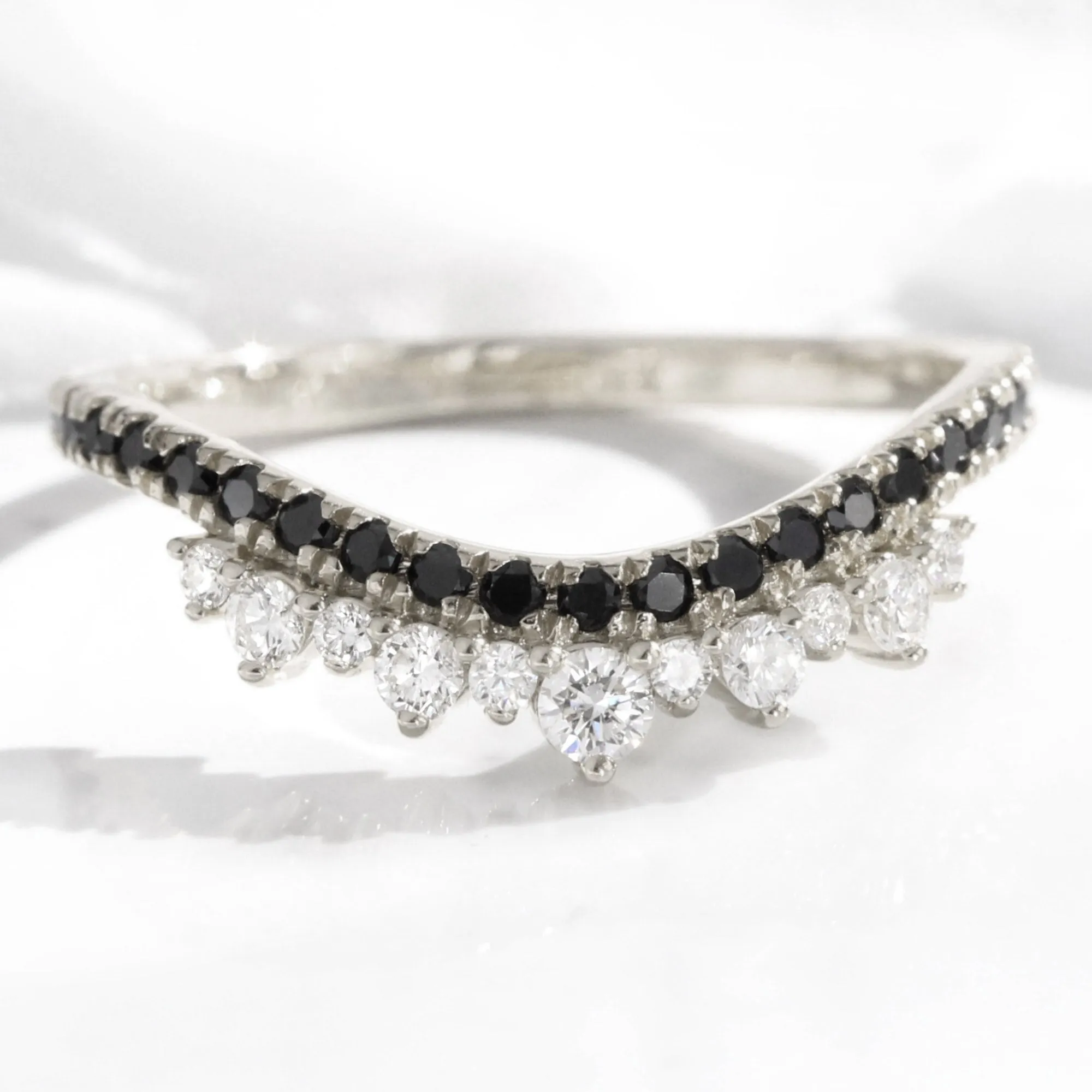 Crown White and Black Diamond Ring in Curved Contour Pave Band