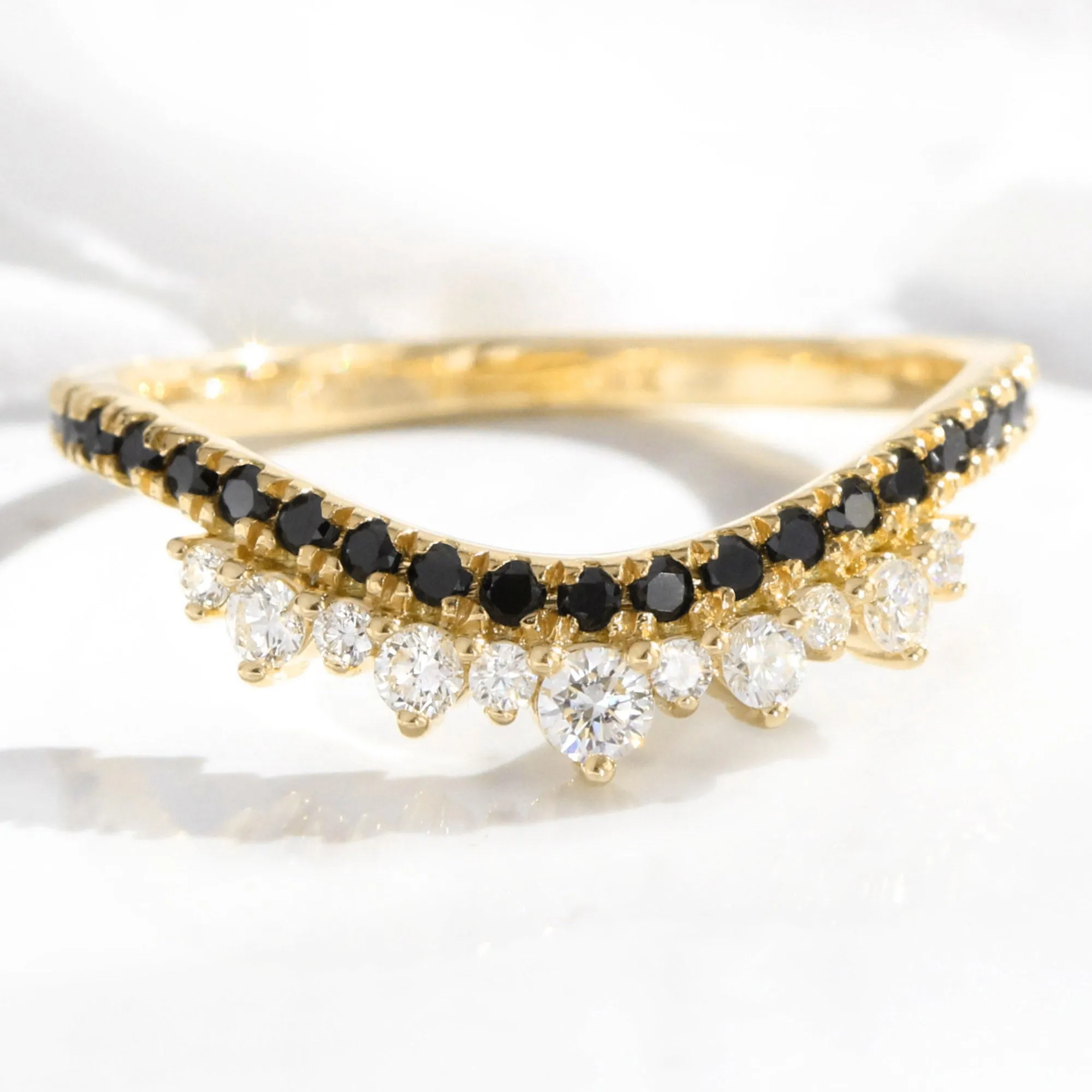 Crown White and Black Diamond Ring in Curved Contour Pave Band