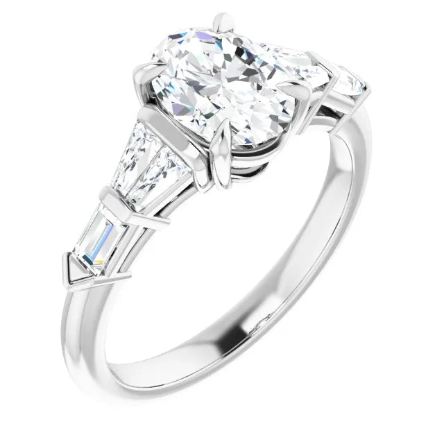 Cubic Zirconia Engagement Ring- The Annaliza (Customizable 7-stone Design with Oval Cut Center and Baguette Accents)