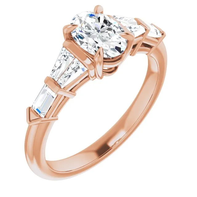 Cubic Zirconia Engagement Ring- The Annaliza (Customizable 7-stone Design with Oval Cut Center and Baguette Accents)