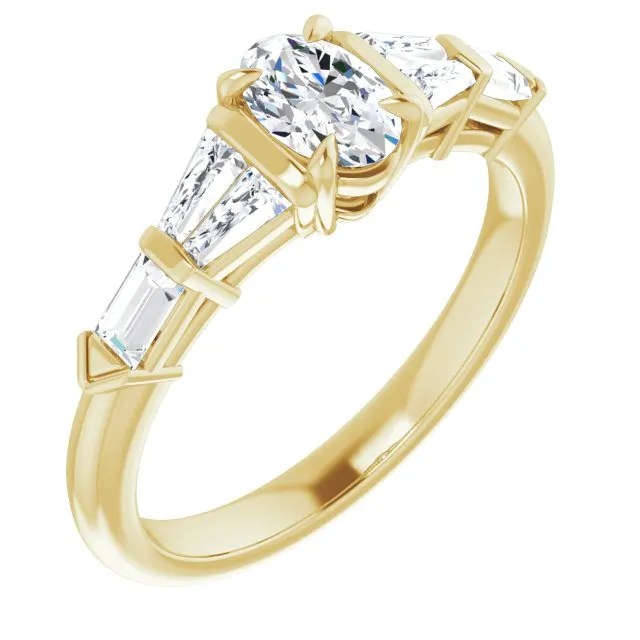 Cubic Zirconia Engagement Ring- The Annaliza (Customizable 7-stone Design with Oval Cut Center and Baguette Accents)