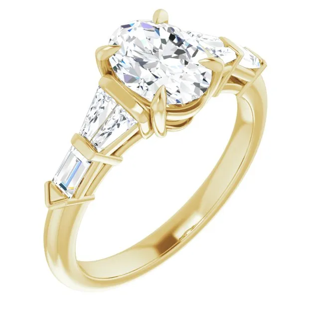 Cubic Zirconia Engagement Ring- The Annaliza (Customizable 7-stone Design with Oval Cut Center and Baguette Accents)