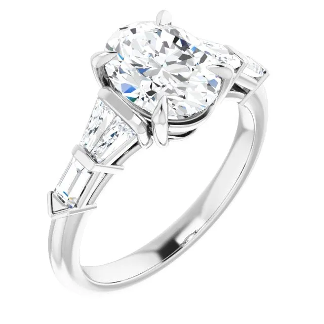 Cubic Zirconia Engagement Ring- The Annaliza (Customizable 7-stone Design with Oval Cut Center and Baguette Accents)