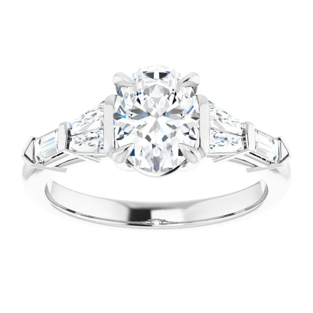 Cubic Zirconia Engagement Ring- The Annaliza (Customizable 7-stone Design with Oval Cut Center and Baguette Accents)