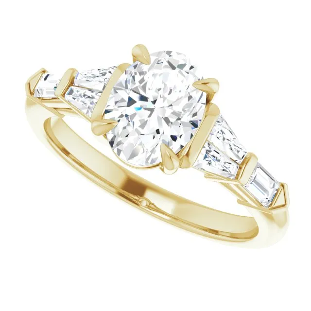 Cubic Zirconia Engagement Ring- The Annaliza (Customizable 7-stone Design with Oval Cut Center and Baguette Accents)