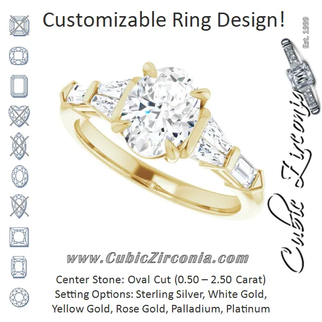 Cubic Zirconia Engagement Ring- The Annaliza (Customizable 7-stone Design with Oval Cut Center and Baguette Accents)