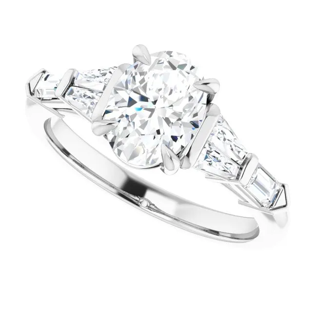 Cubic Zirconia Engagement Ring- The Annaliza (Customizable 7-stone Design with Oval Cut Center and Baguette Accents)