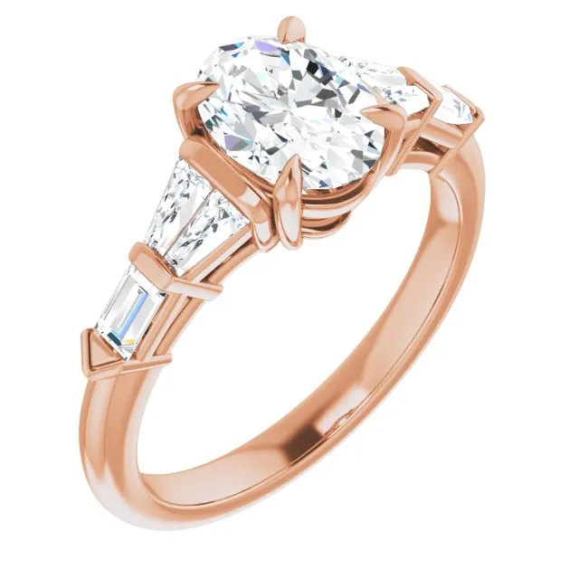 Cubic Zirconia Engagement Ring- The Annaliza (Customizable 7-stone Design with Oval Cut Center and Baguette Accents)