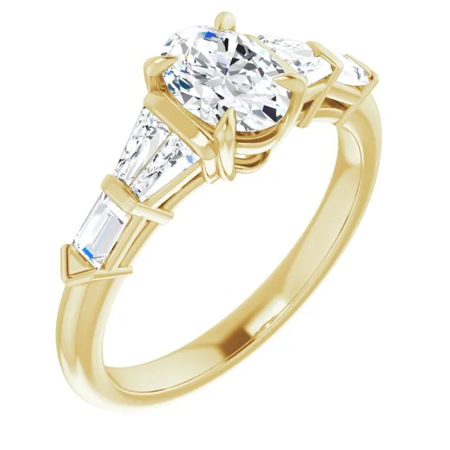 Cubic Zirconia Engagement Ring- The Annaliza (Customizable 7-stone Design with Oval Cut Center and Baguette Accents)