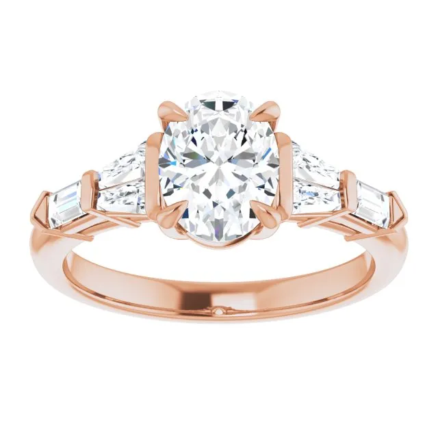 Cubic Zirconia Engagement Ring- The Annaliza (Customizable 7-stone Design with Oval Cut Center and Baguette Accents)