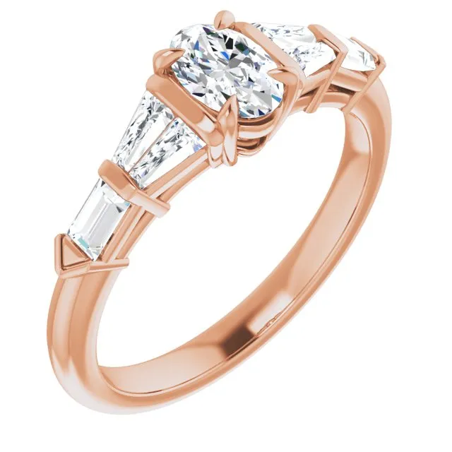 Cubic Zirconia Engagement Ring- The Annaliza (Customizable 7-stone Design with Oval Cut Center and Baguette Accents)