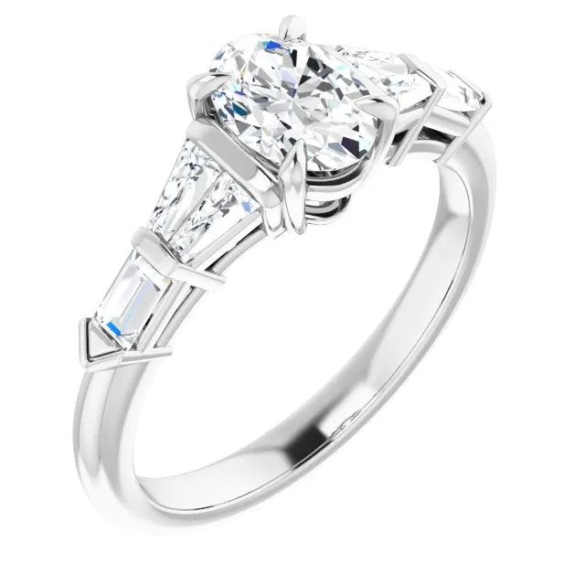 Cubic Zirconia Engagement Ring- The Annaliza (Customizable 7-stone Design with Oval Cut Center and Baguette Accents)