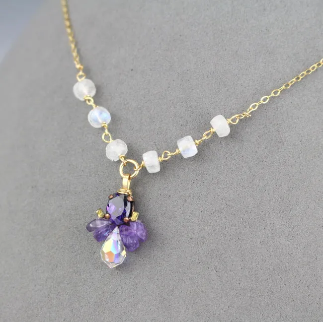 CZ Amethyst Beaded Bee Necklace