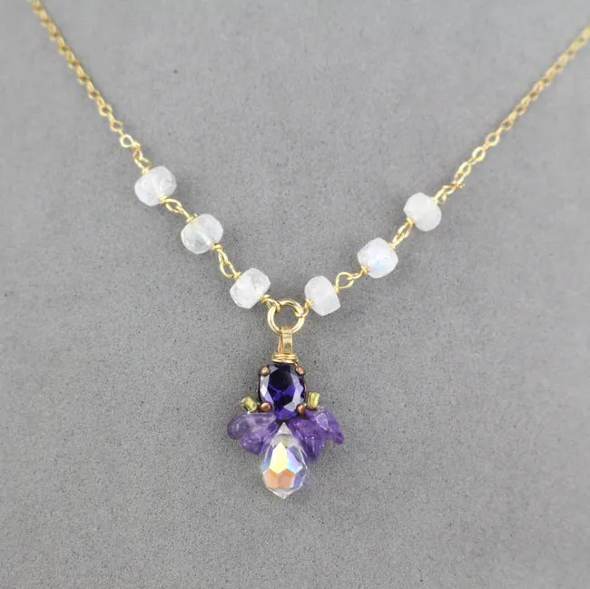 CZ Amethyst Beaded Bee Necklace