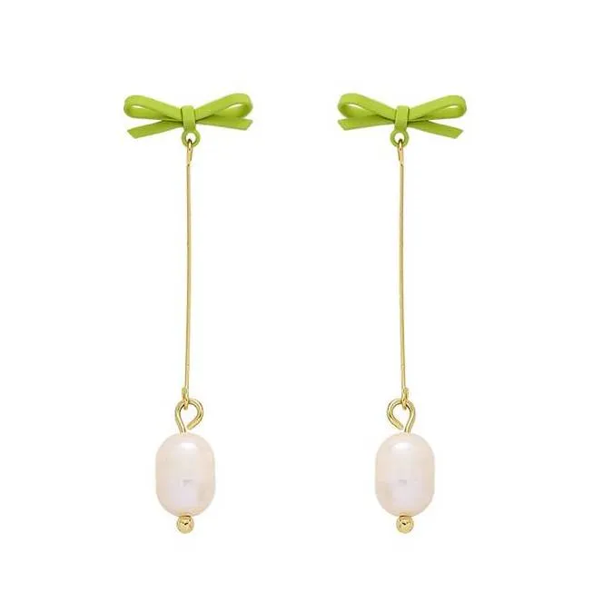 Dangle Freshwater Pearl Green Ribbon Tie Invisible Clip On Earrings