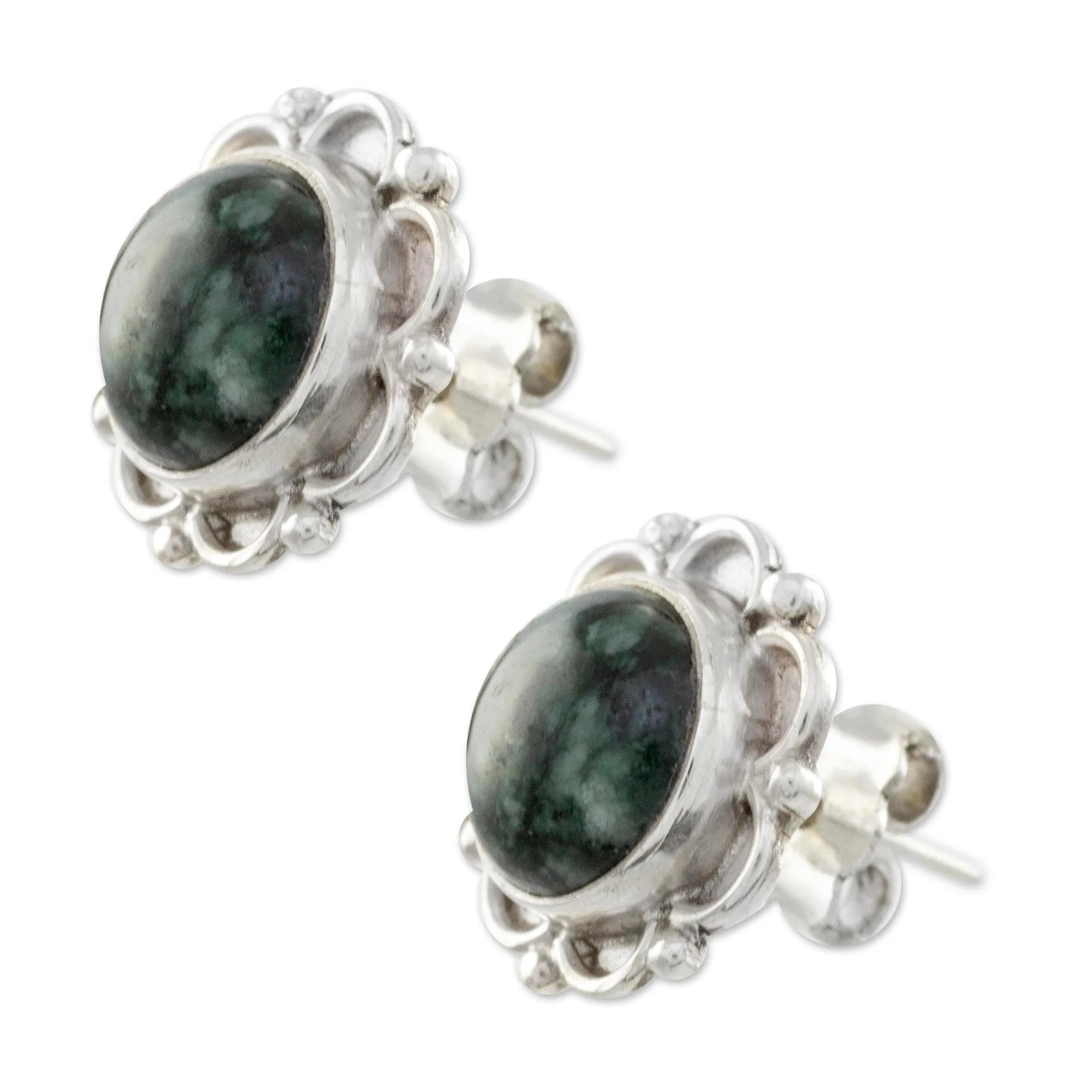 Dark Forest Princess Sterling Silver Floral Button Earrings with Dark Green Jade