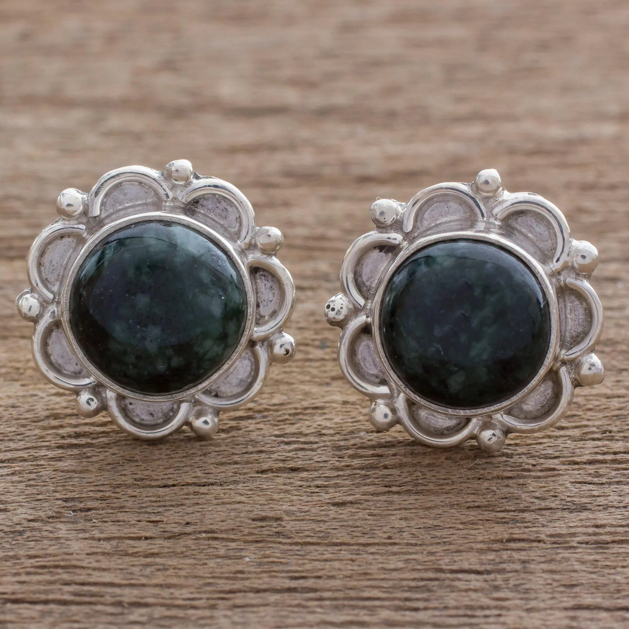 Dark Forest Princess Sterling Silver Floral Button Earrings with Dark Green Jade