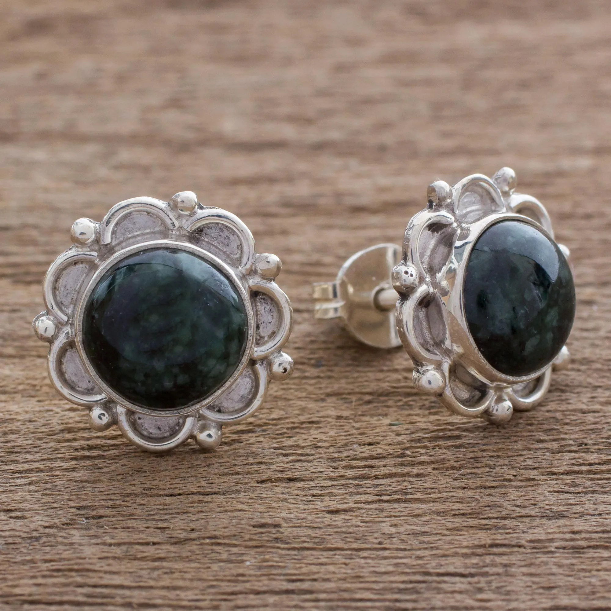 Dark Forest Princess Sterling Silver Floral Button Earrings with Dark Green Jade