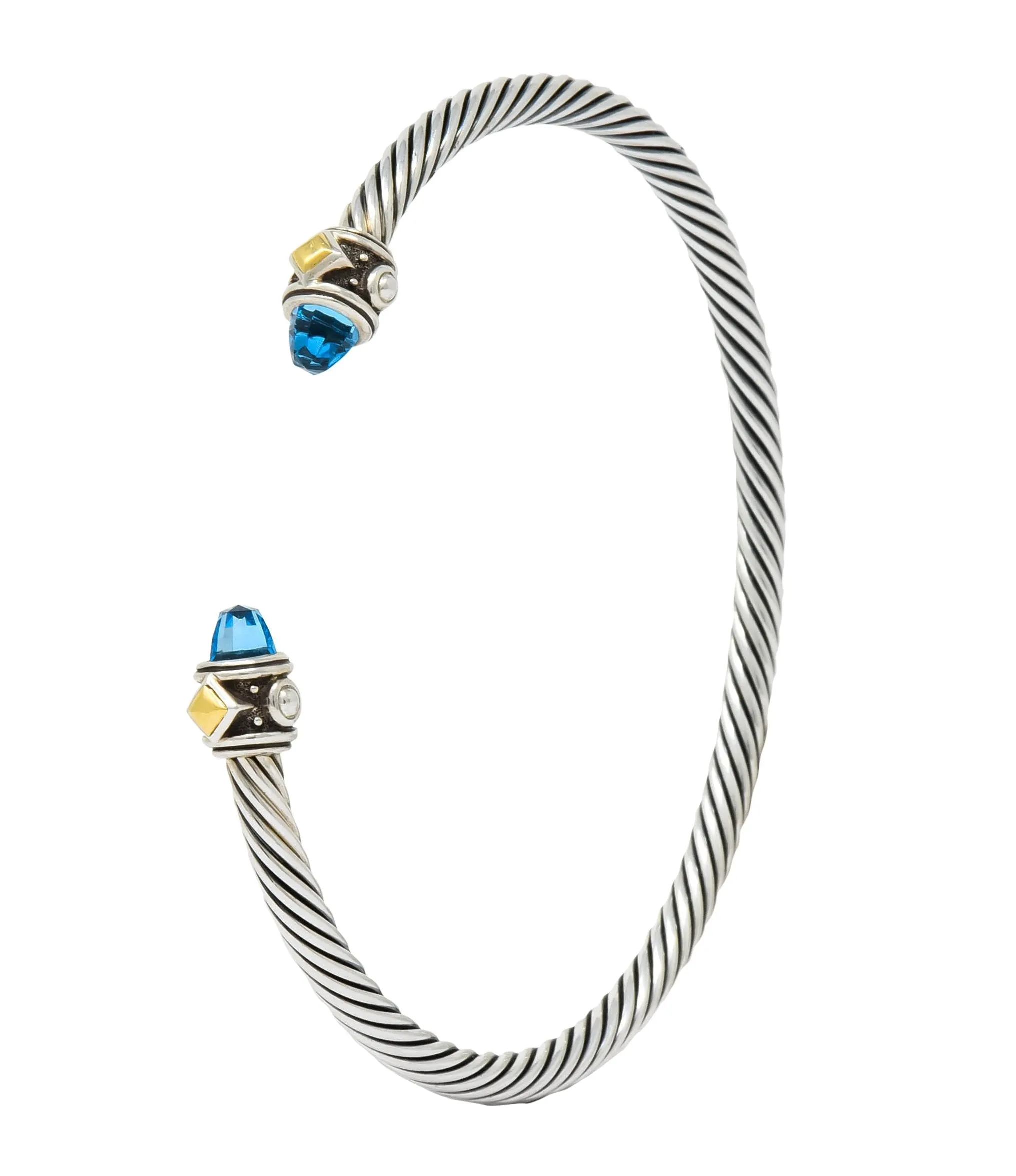 David Yurman Blue Topaz Sterling Silver 18 Karat Gold Renaissance Cable Cuff Bracelet