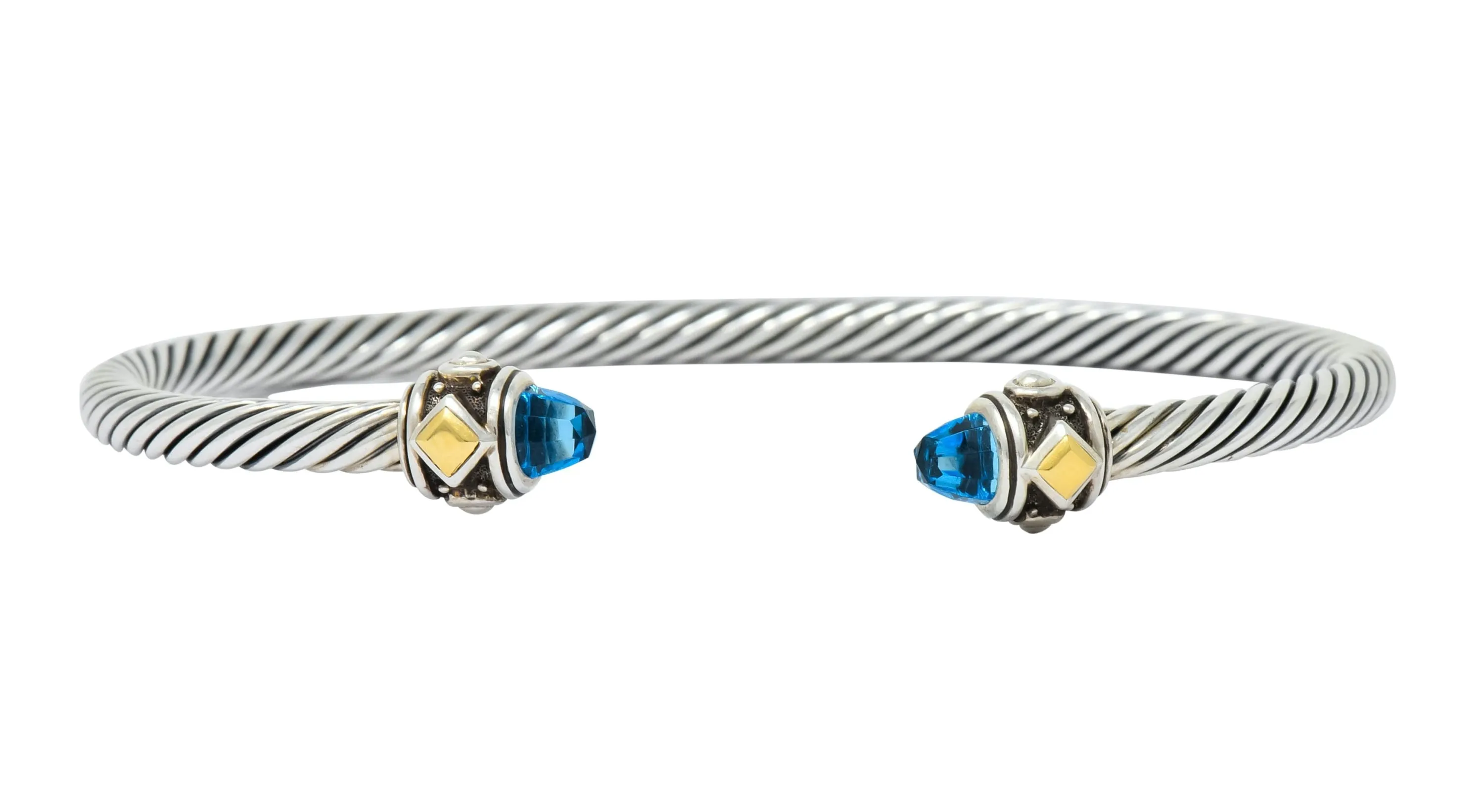 David Yurman Blue Topaz Sterling Silver 18 Karat Gold Renaissance Cable Cuff Bracelet