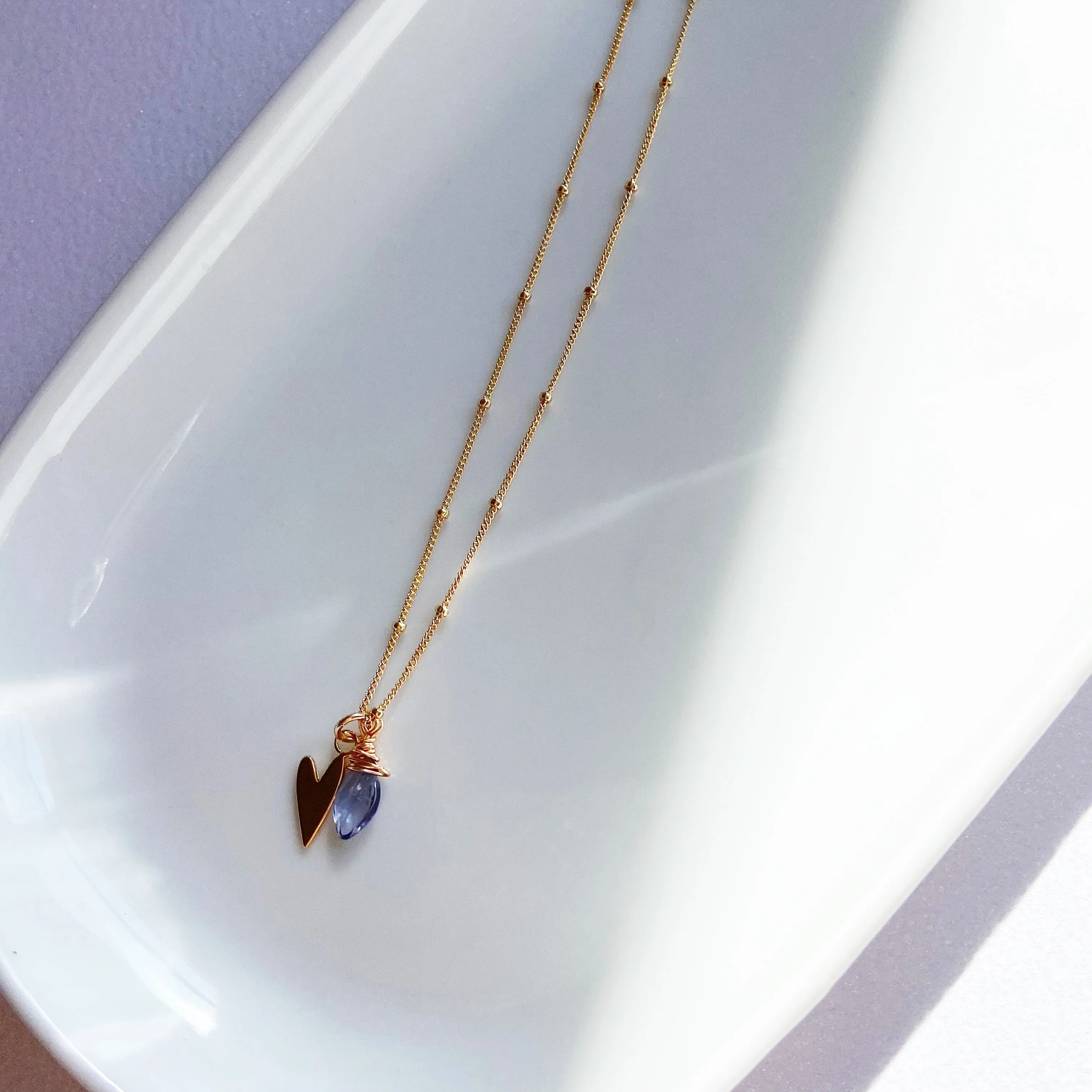 Delicate Iolite or Moonstone Spear Pendant with Heart Charm in Gold (18 inches)