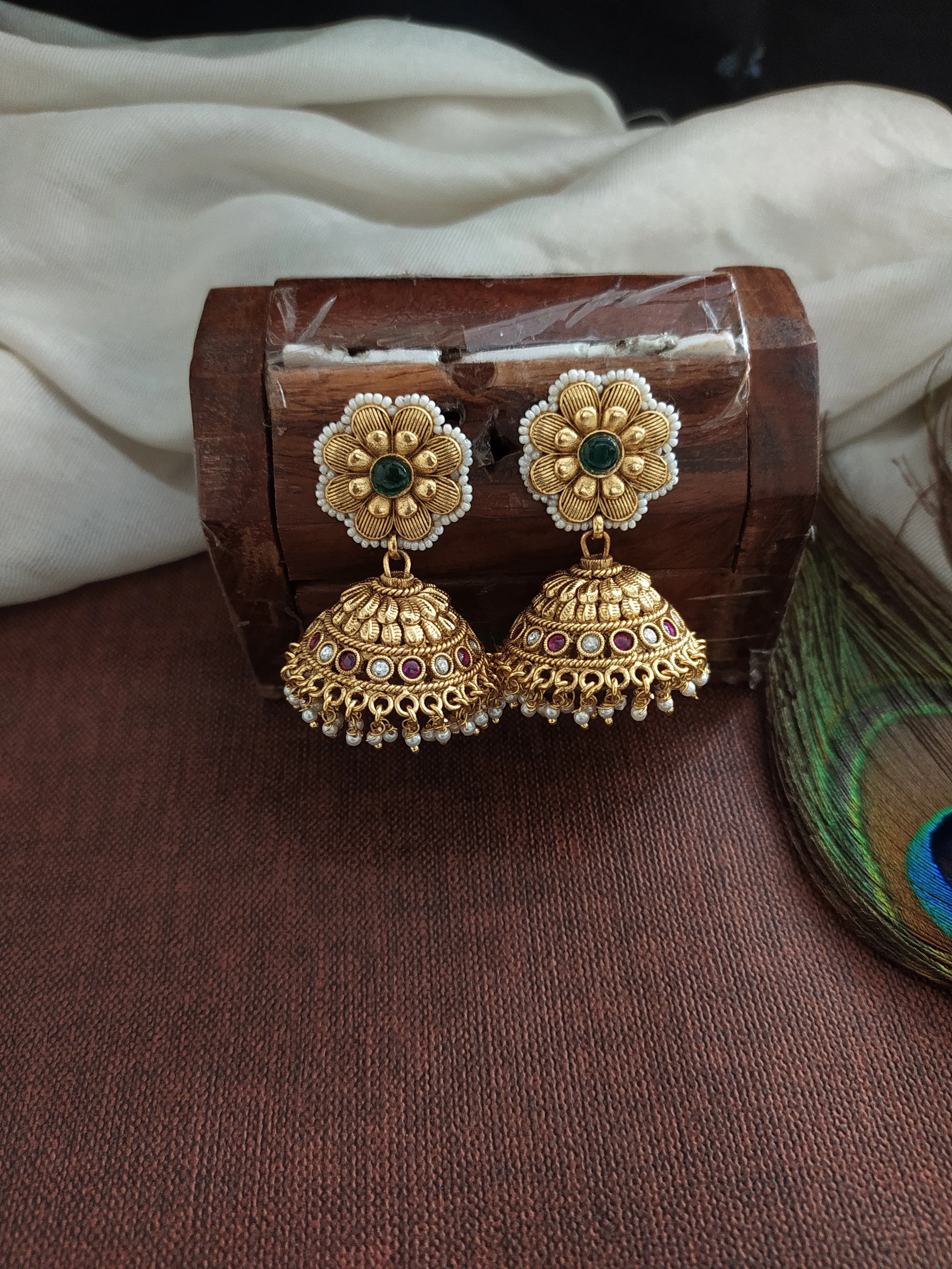 Designer Traditional Antique Choker-Necklace Set with Jhumki, Peacock, and Kasumalai Design