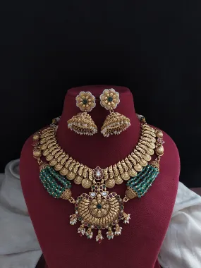 Designer Traditional Antique Choker-Necklace Set with Jhumki, Peacock, and Kasumalai Design