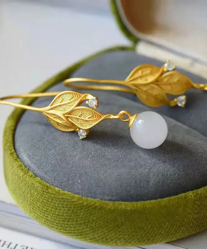 DIY Gold Sterling Silver Overgild Jade Leaf Drop Earrings LY8619