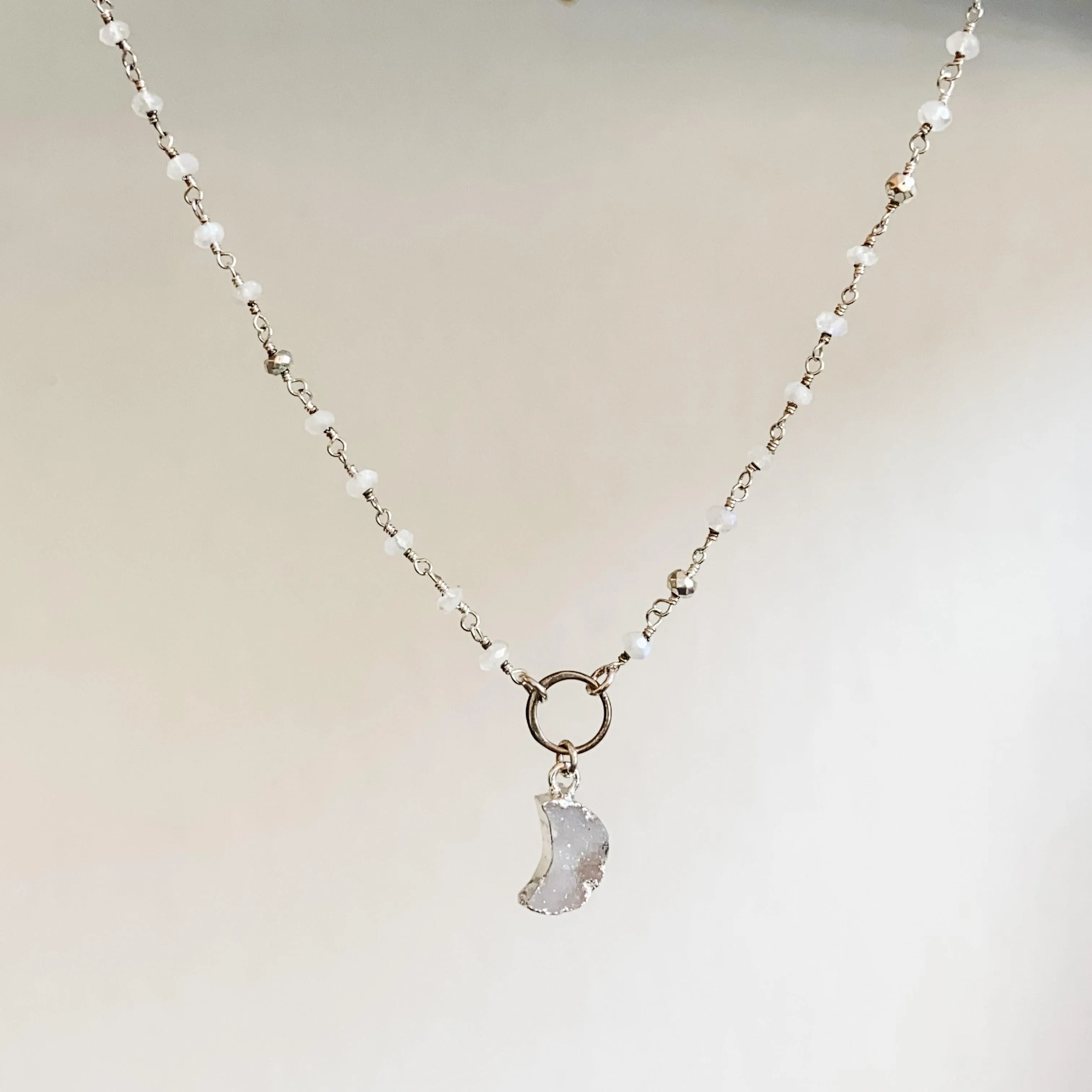 Druzy Quartz Mini Moon and Moonstone with Sterling Silver Circlet Necklace