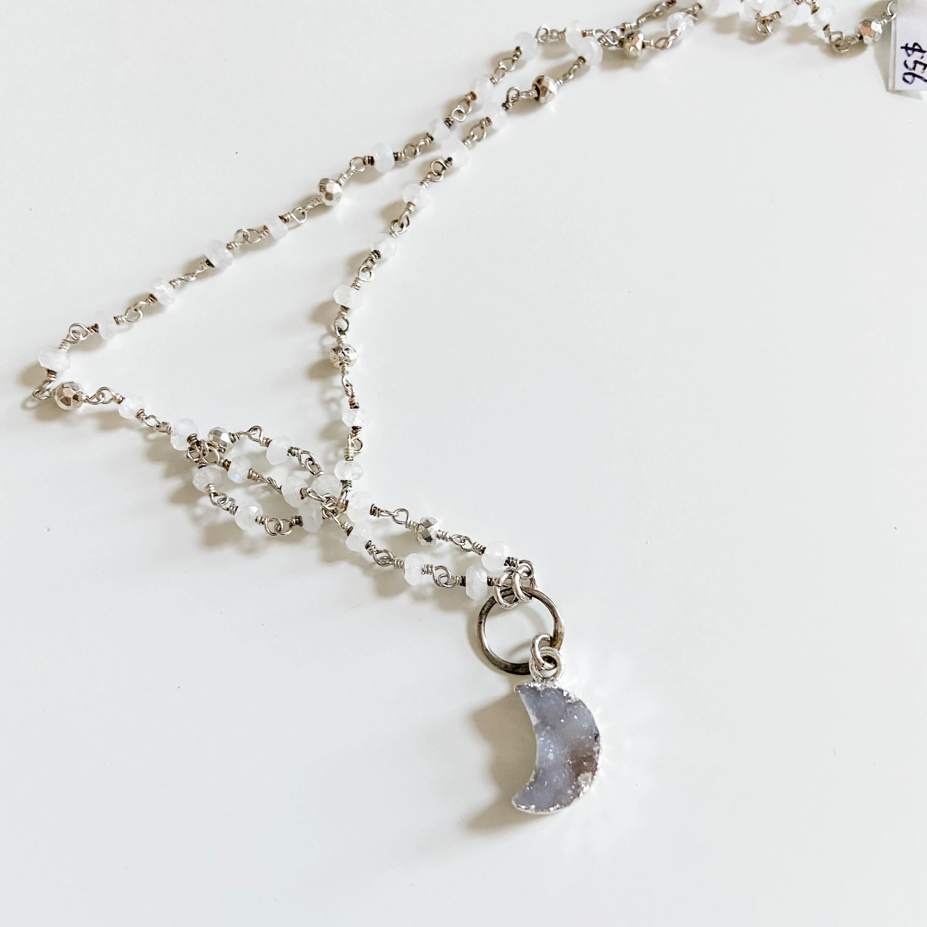 Druzy Quartz Mini Moon and Moonstone with Sterling Silver Circlet Necklace