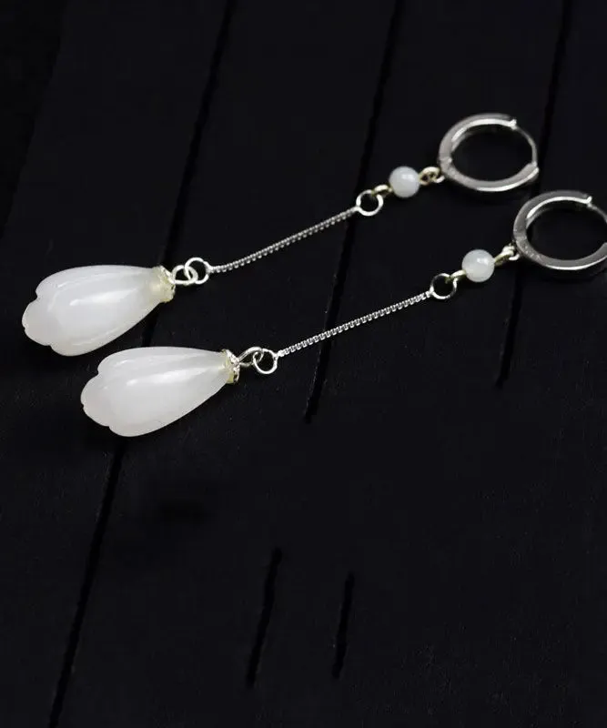 Elegant White Sterling Silver Jade Drip Drop Earrings LY8551