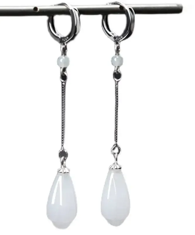 Elegant White Sterling Silver Jade Drip Drop Earrings LY8551