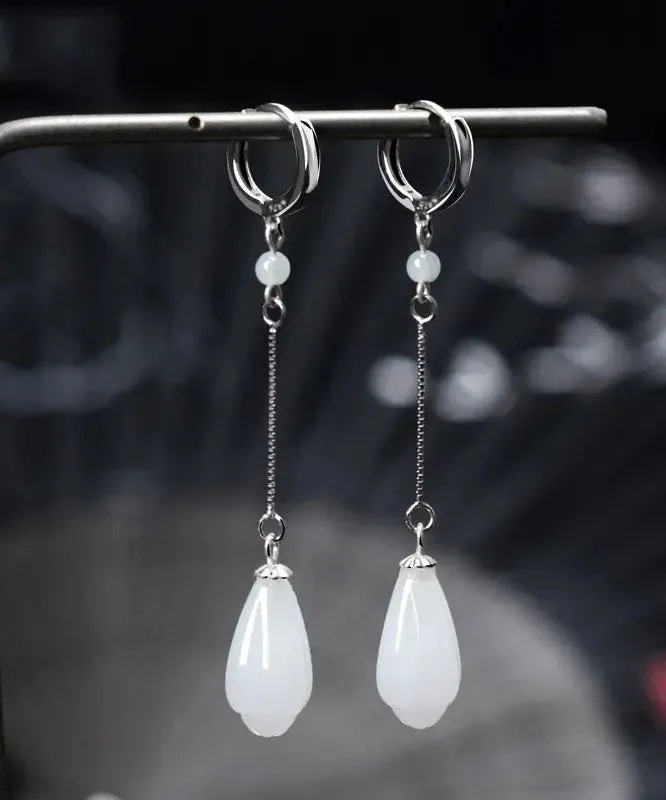 Elegant White Sterling Silver Jade Drip Drop Earrings LY8551