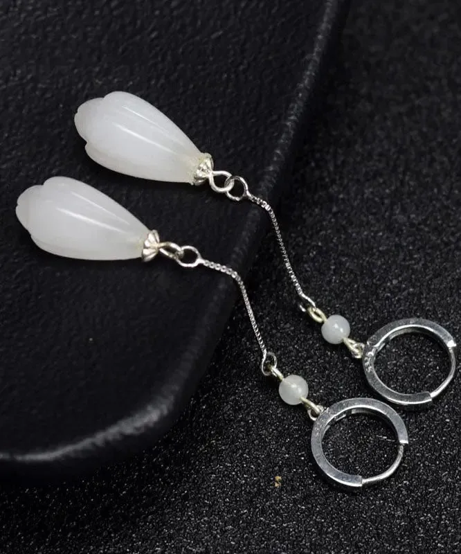 Elegant White Sterling Silver Jade Drip Drop Earrings LY8551