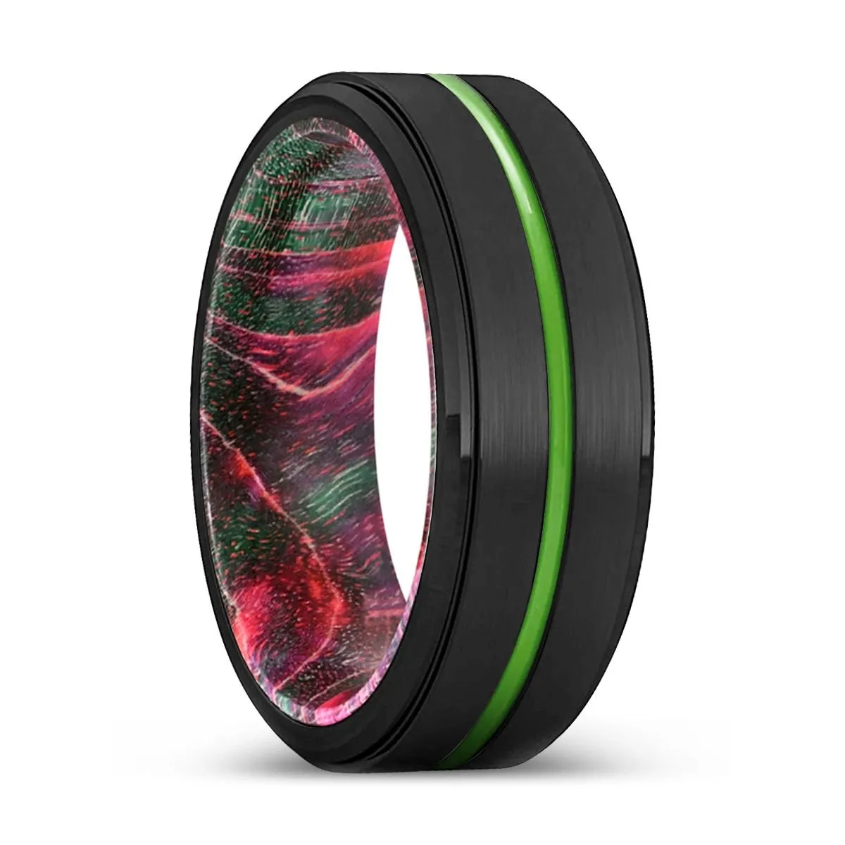 ESCONDIDO | Green & Red Wood, Black Tungsten Ring, Green Groove, Stepped Edge