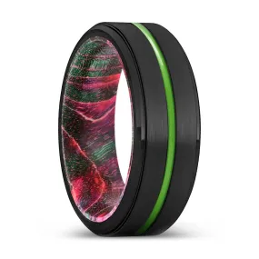 ESCONDIDO | Green & Red Wood, Black Tungsten Ring, Green Groove, Stepped Edge